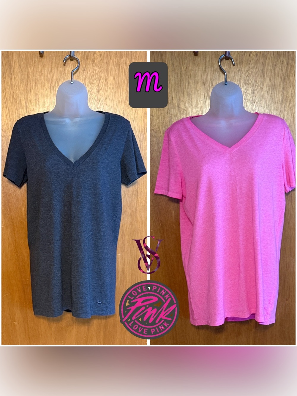 Victoria's Secret PINK V-Neck Short Sleeve Tee Bundle Dsrk Grey & Hot Pink M